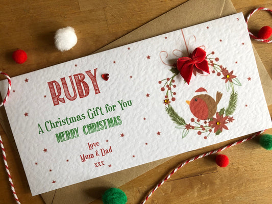 Personalised Christmas Robin Hanger Money / Gift / Voucher Wallet - Money Wallet with Crystals and Bow