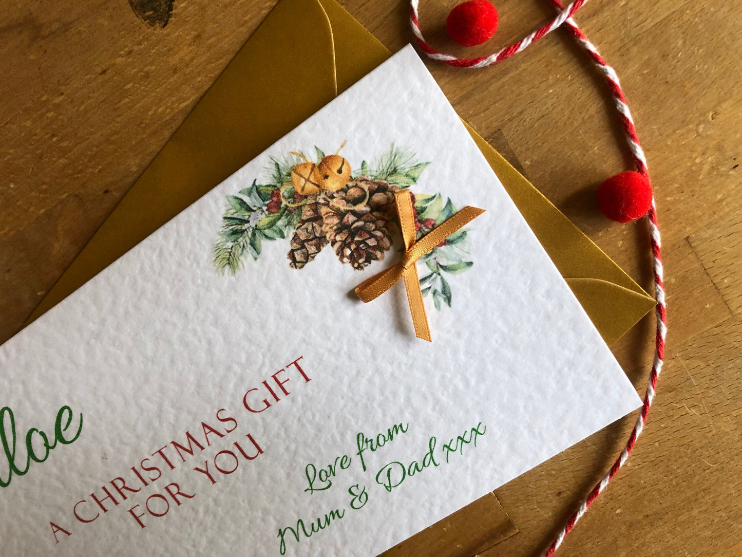Personalised Christmas Pine Cone & Fir Money / Gift / Voucher Wallet with Crystals and Bow