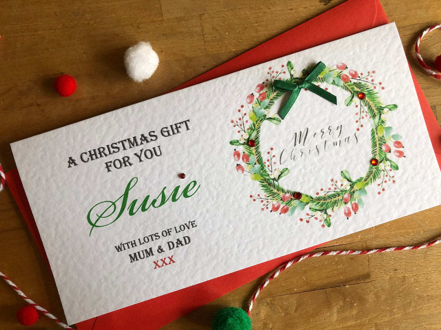 Personalised Christmas Wreath Money / Gift / Voucher Wallet with Crystals and Bow