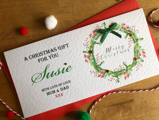 Personalised Christmas Wreath Money / Gift / Voucher Wallet with Crystals and Bow