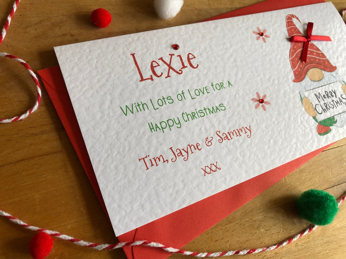 Personalised Christmas Gonk - Scandi Gnome - Red - Money / Gift / Voucher Wallet with Crystals and Bow