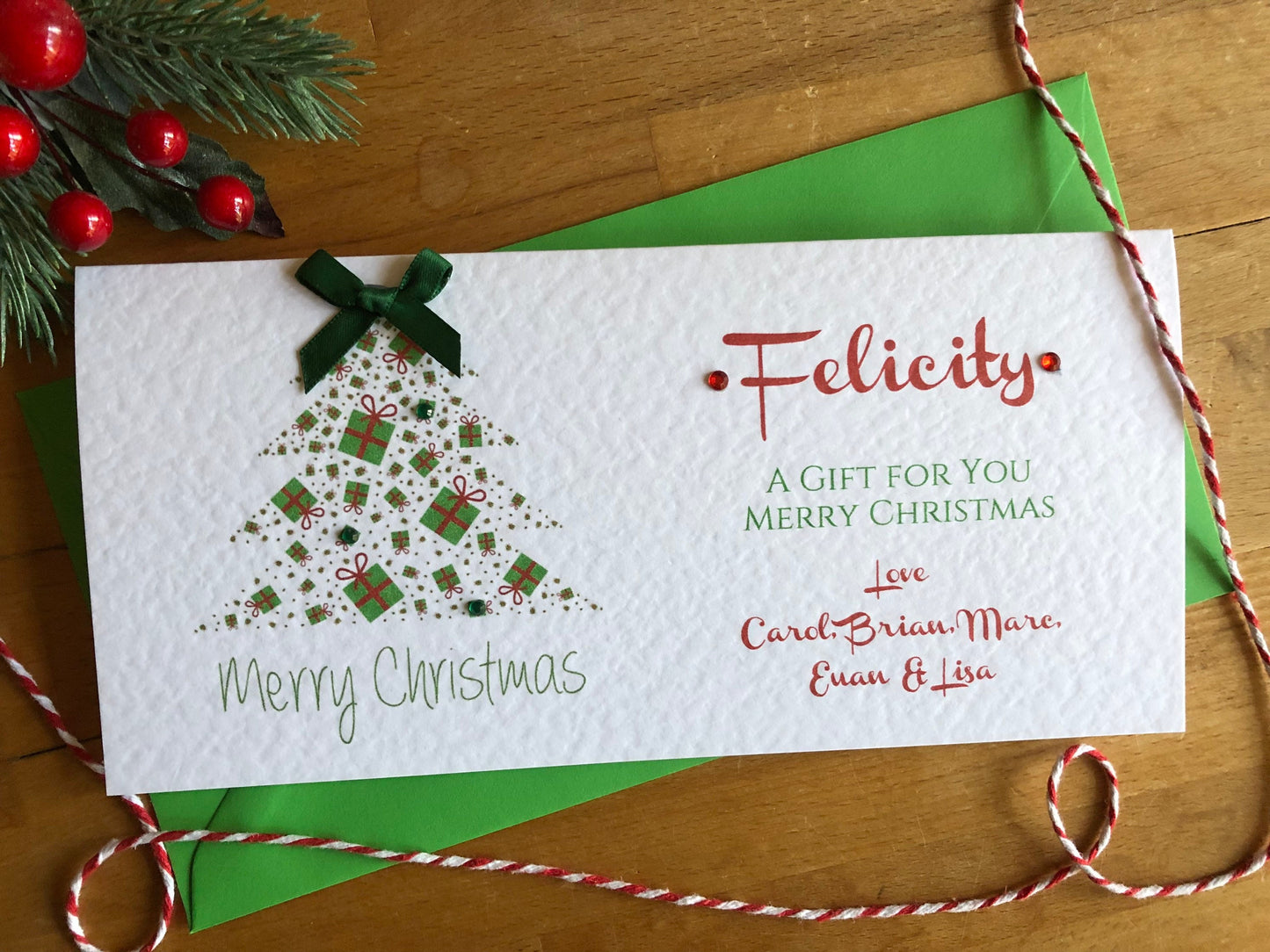 Personalised Christmas Tree Money / Gift / Voucher Wallet - Money Wallet with Crystals and Bow