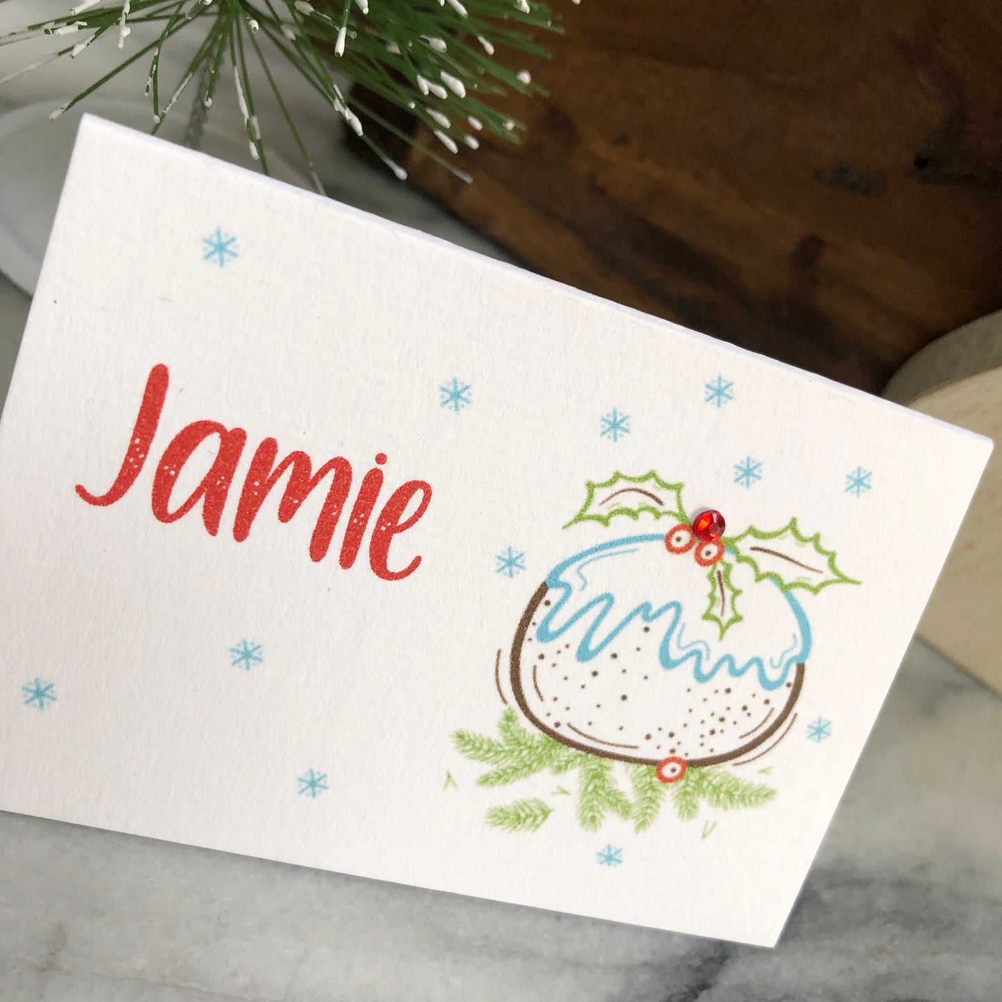 Personalised Christmas Table Name Cards - Christmas Pudding Drawing