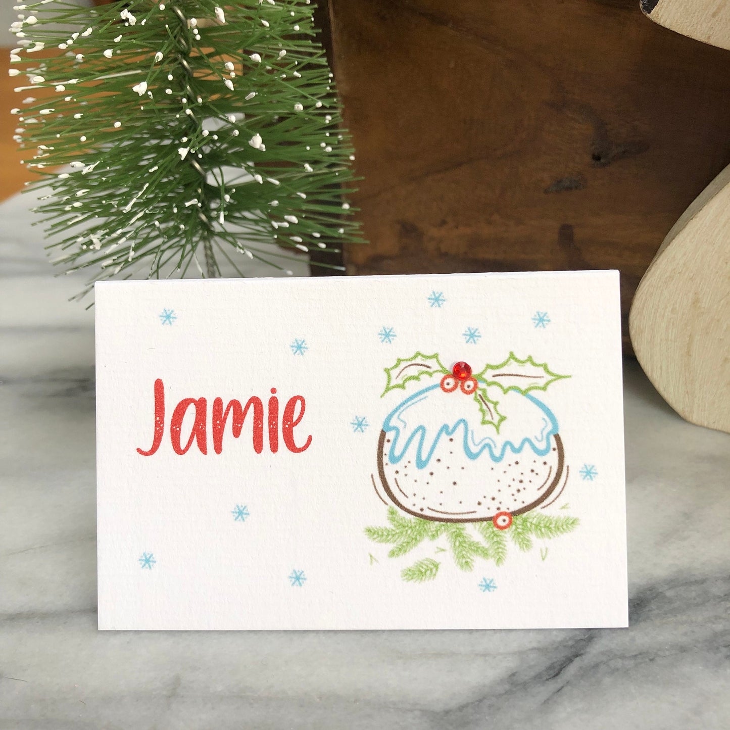 Personalised Christmas Table Name Cards - Christmas Pudding Drawing