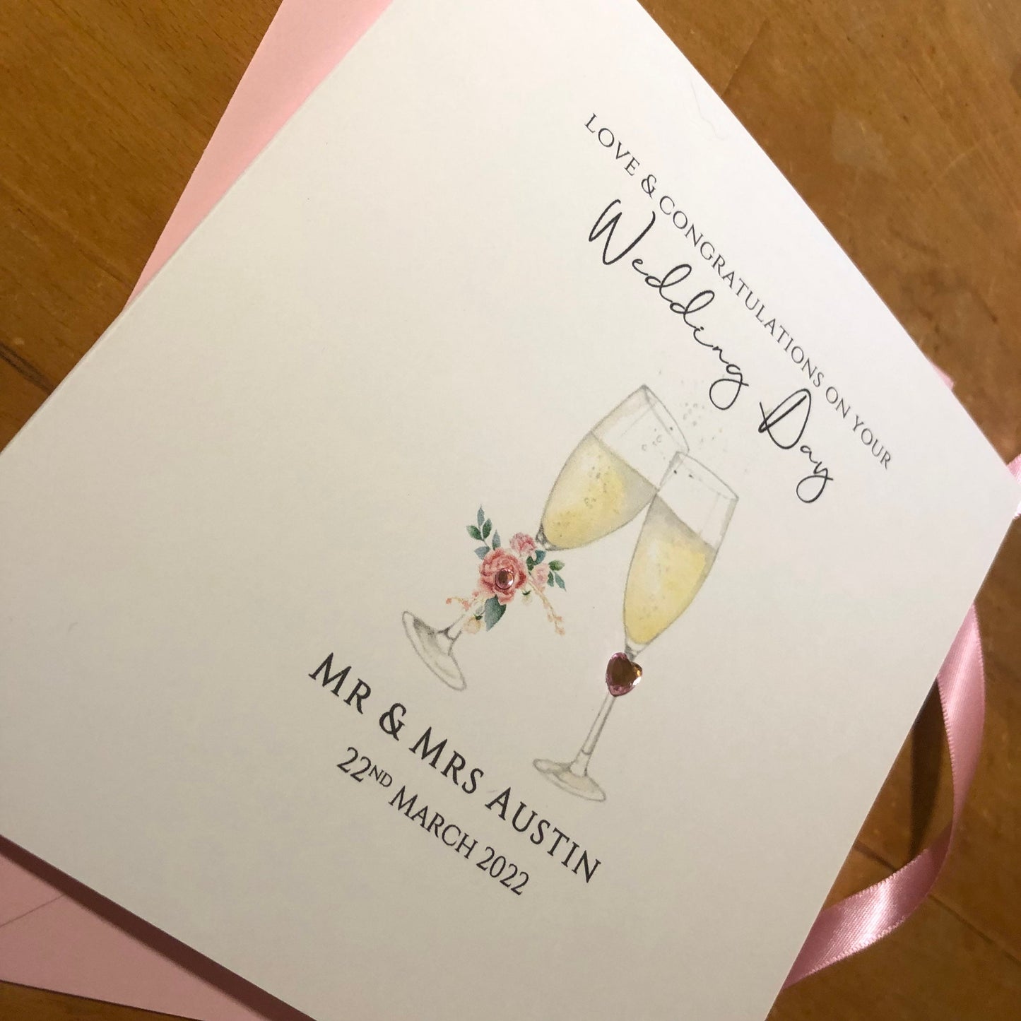 Wedding Day Congratulations Card - Personalised Floral Champagne Glasses