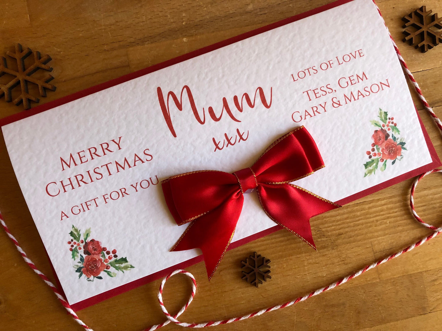 Personalised Christmas Bow Money / Gift / Voucher Wallet - Money Wallet with Red Bow & Personalised Wording