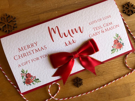 Personalised Christmas Bow Money / Gift / Voucher Wallet - Money Wallet with Red Bow & Personalised Wording