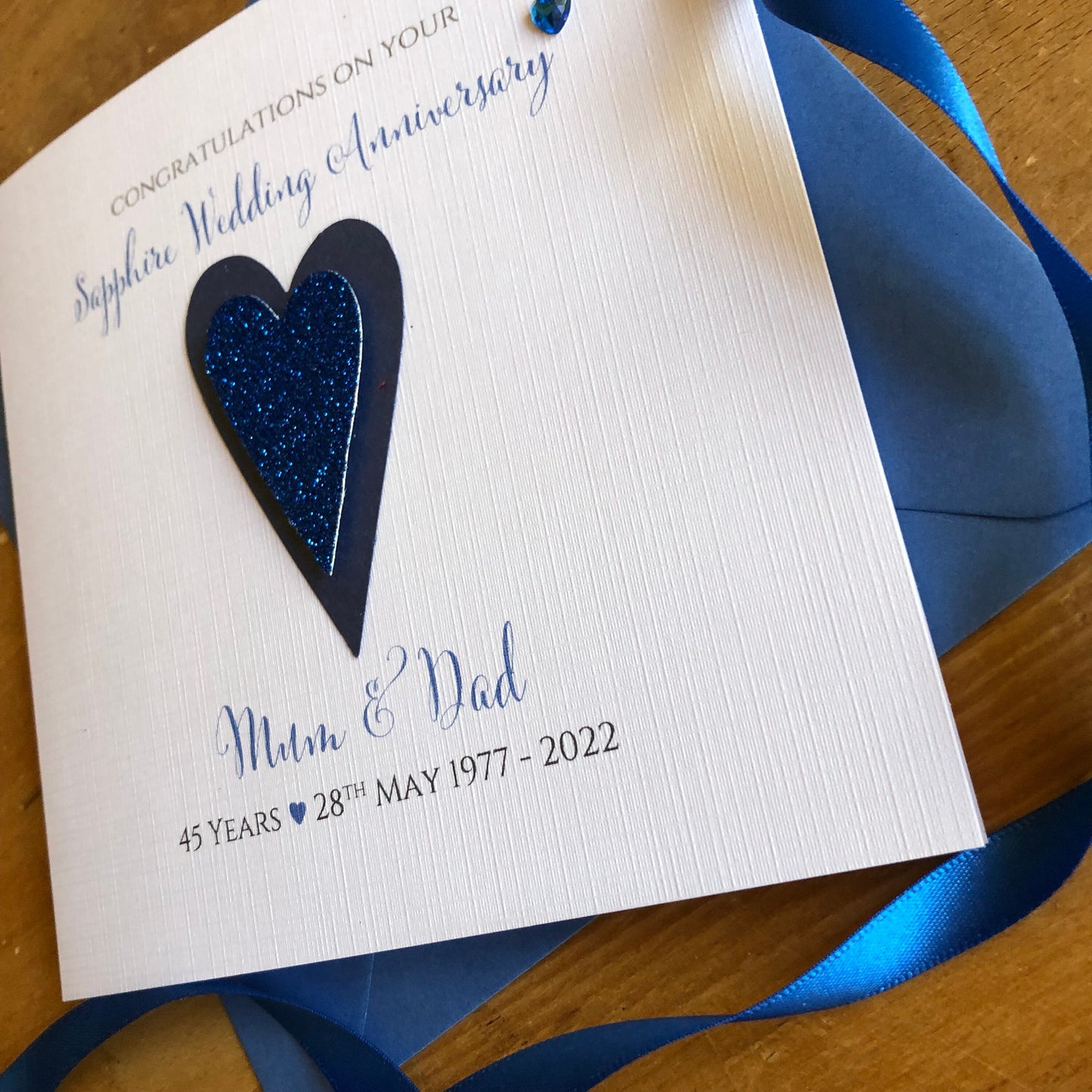 Sapphire Wedding Anniversary Card, Glitter Hearts, 45 or 65 Years