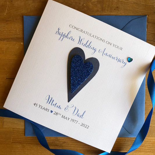 Sapphire Wedding Anniversary Card, Glitter Hearts, 45 or 65 Years