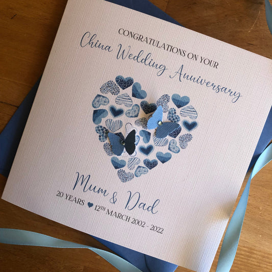 Personalised China Wedding Anniversary Card, 20th Anniversary, Hearts of Hearts Anniversary Card