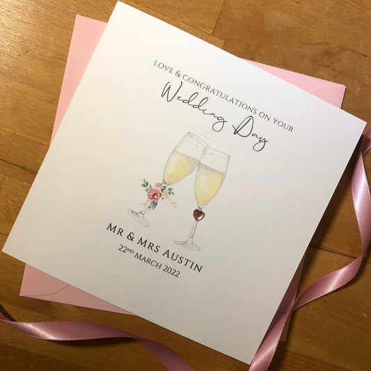 Wedding Day Congratulations Card - Personalised Floral Champagne Glasses