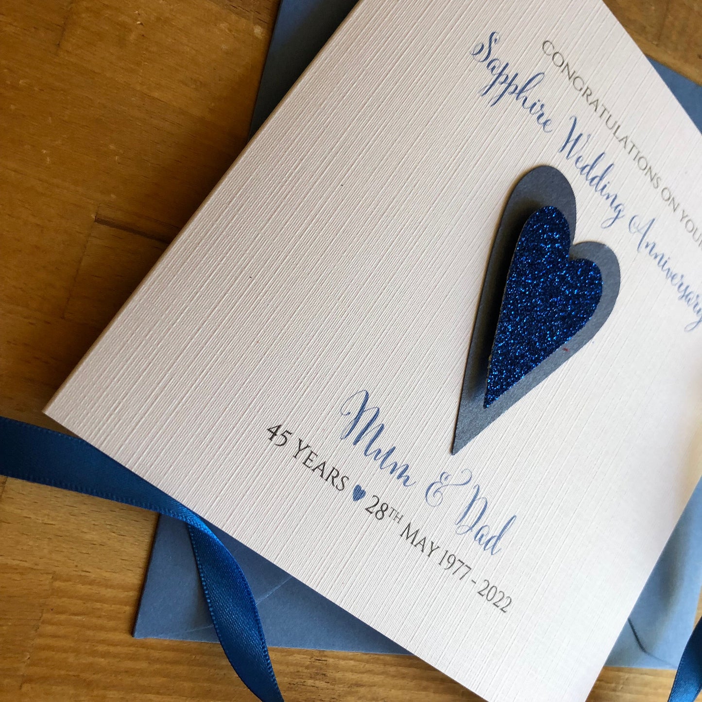 Sapphire Wedding Anniversary Card, Glitter Hearts, 45 or 65 Years