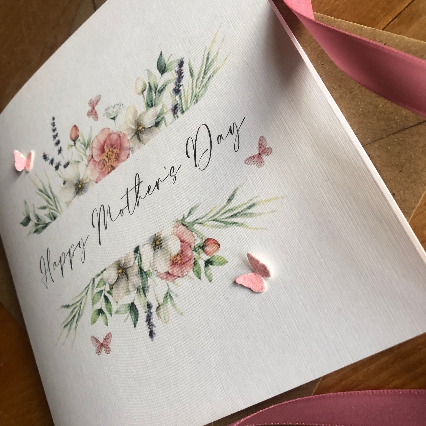 Personalised Mother's Day Card - Dusky Pink Floral Frame & Glitter Butterflies - Special Mum, Nan, Carer, Step Mum