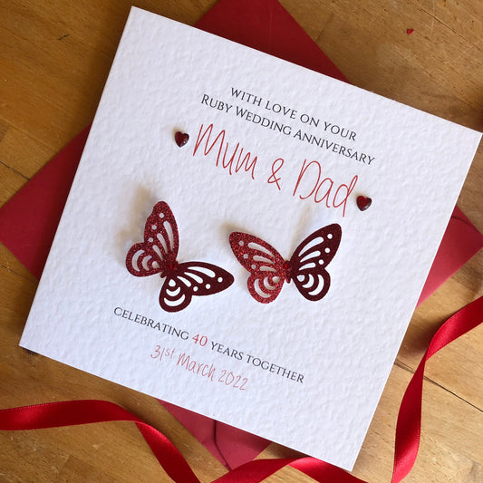 Ruby Wedding Anniversary Card, 40th Anniversary Glitter Butterflies - Personalised