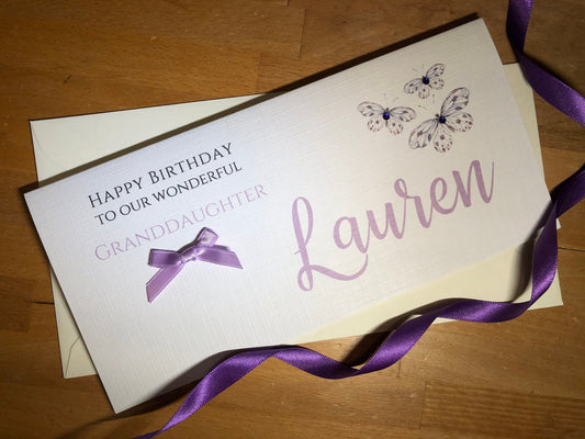 Birthday Money / Gift Voucher Wallet - Personalised - Lilac Butterflies