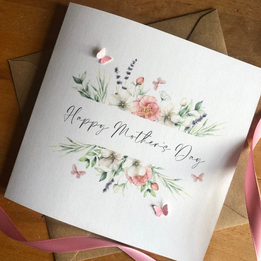 Personalised Mother's Day Card - Dusky Pink Floral Frame & Glitter Butterflies - Special Mum, Nan, Carer, Step Mum