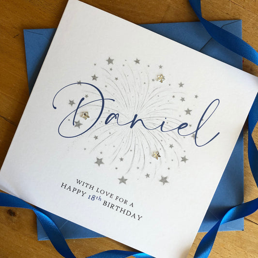 Silver Fireworks Birthday Card with Personalised Name