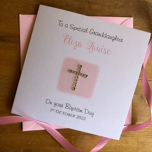 Personalised Christening Card - Diamante Cross - Granddaughter Baptism, Goddaughter, Daughter