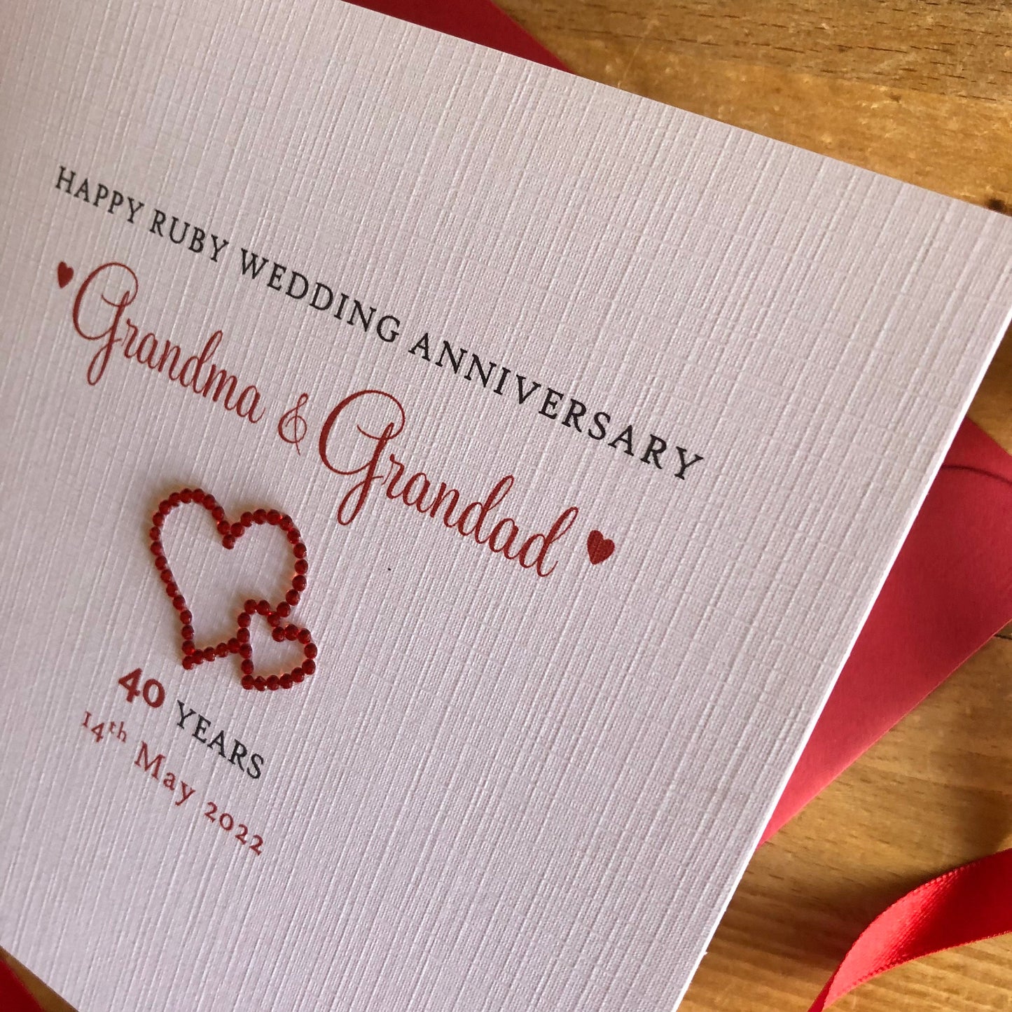 Ruby Wedding Anniversary Card, Ruby Crystal Entwined Hearts, 40th Anniversary - Personalised