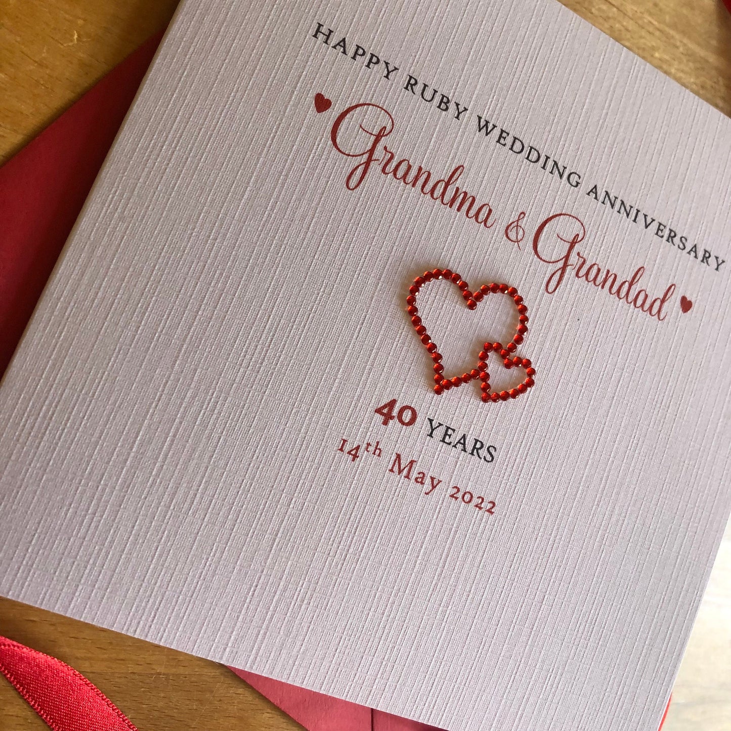 Ruby Wedding Anniversary Card, Ruby Crystal Entwined Hearts, 40th Anniversary - Personalised