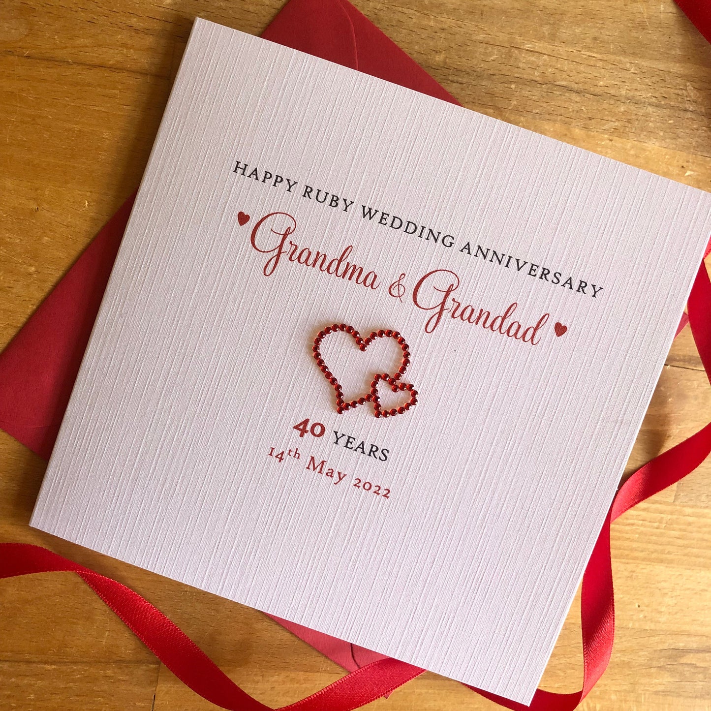 Ruby Wedding Anniversary Card, Ruby Crystal Entwined Hearts, 40th Anniversary - Personalised