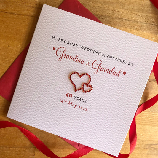 Ruby Wedding Anniversary Card, Ruby Crystal Entwined Hearts, 40th Anniversary - Personalised