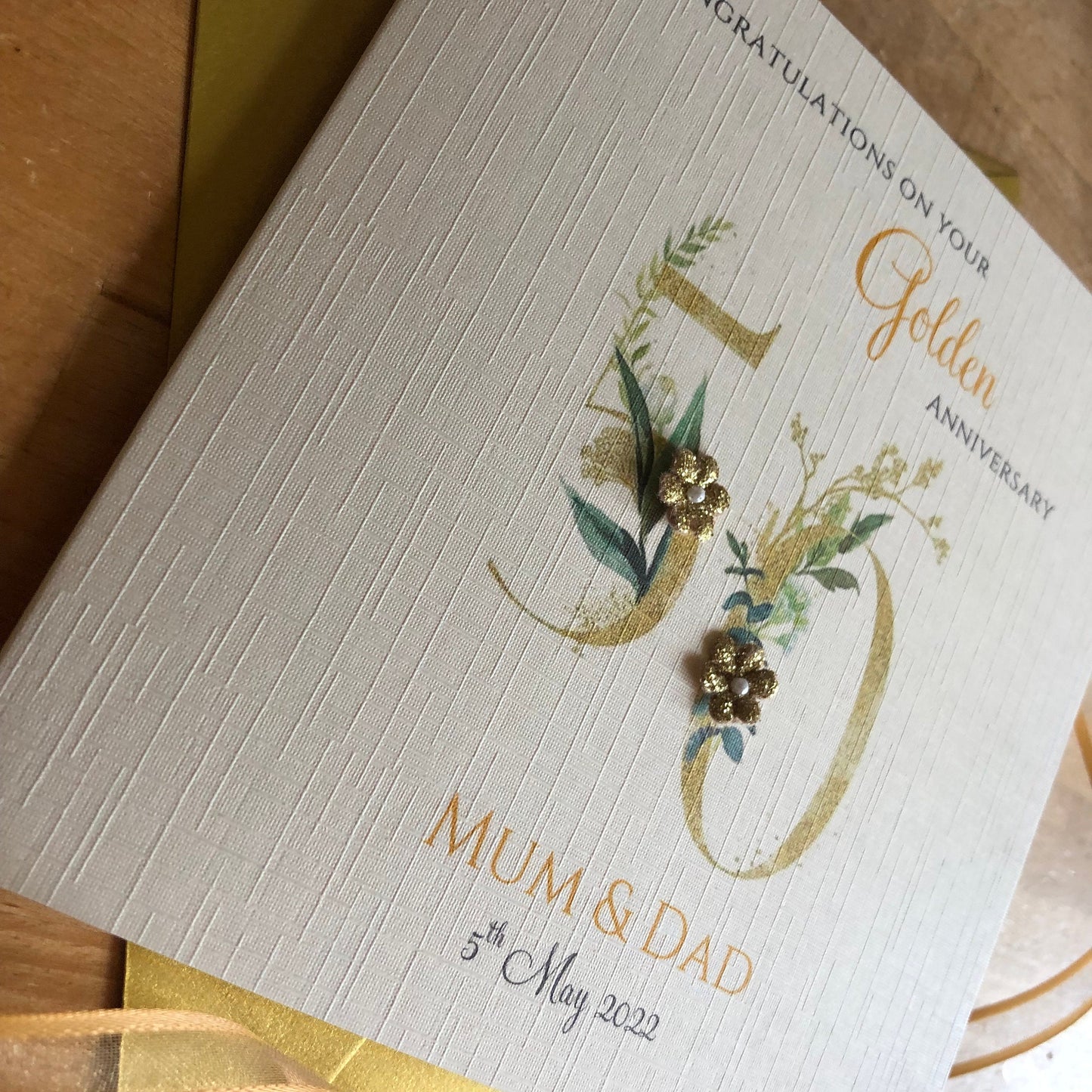Golden 50th Wedding Anniversary Card, Glitter Flowers - Personalised