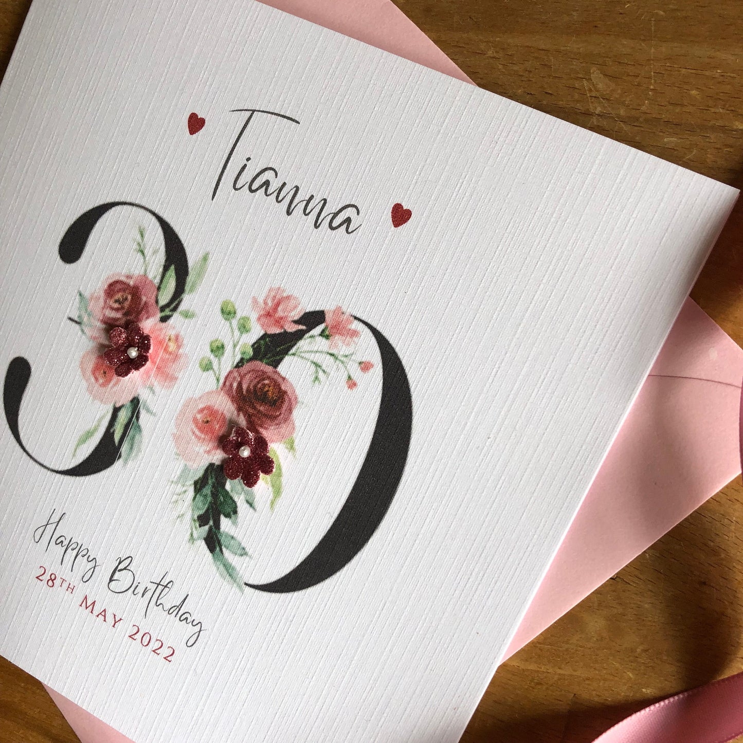 Personalised Birthday Card - Black & Dusky Pink Floral Numbers