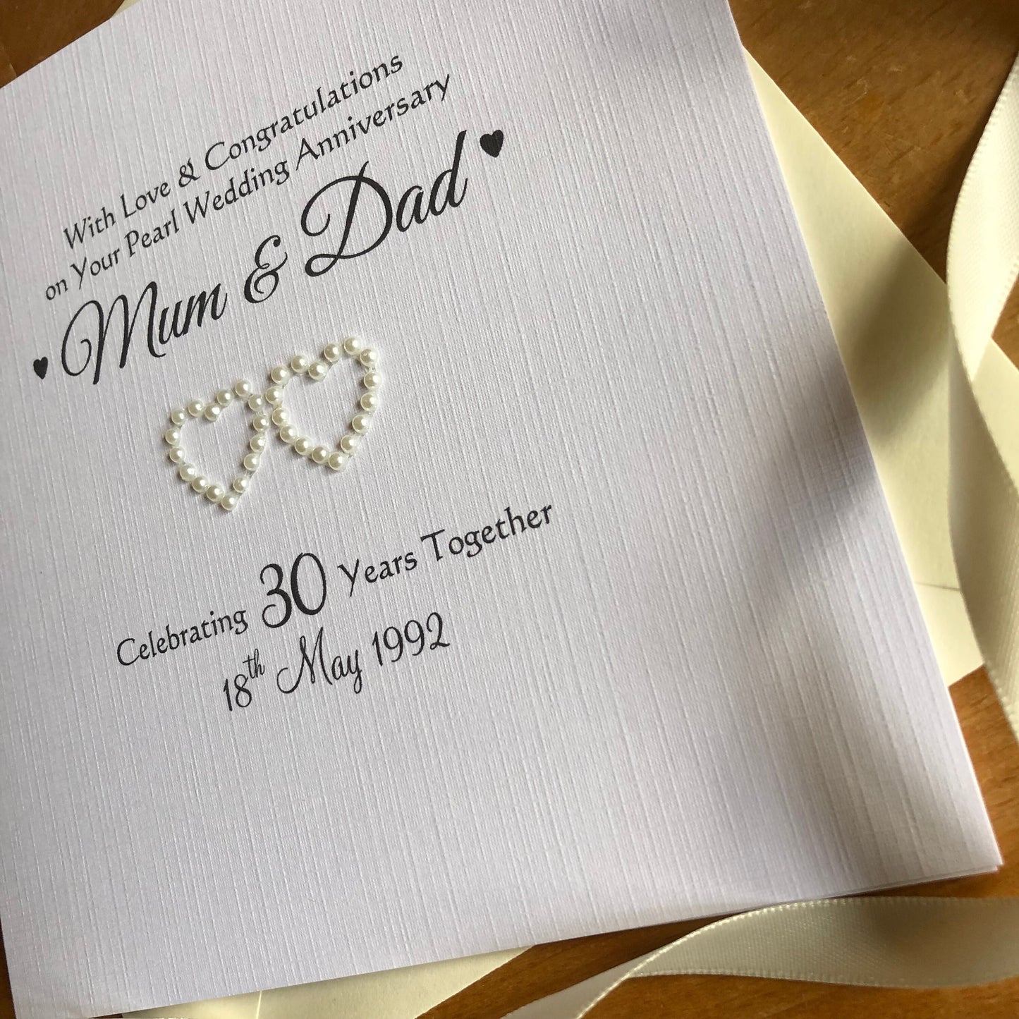 Pearl 30th Wedding Anniversary Card, Double Pearl Hearts - Personalised