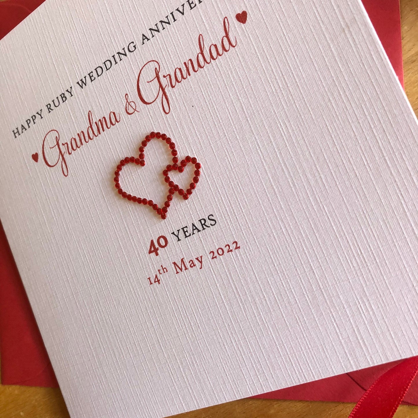Ruby Wedding Anniversary Card, Ruby Crystal Entwined Hearts, 40th Anniversary - Personalised