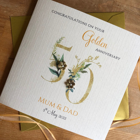 Golden 50th Wedding Anniversary Card, Glitter Flowers - Personalised