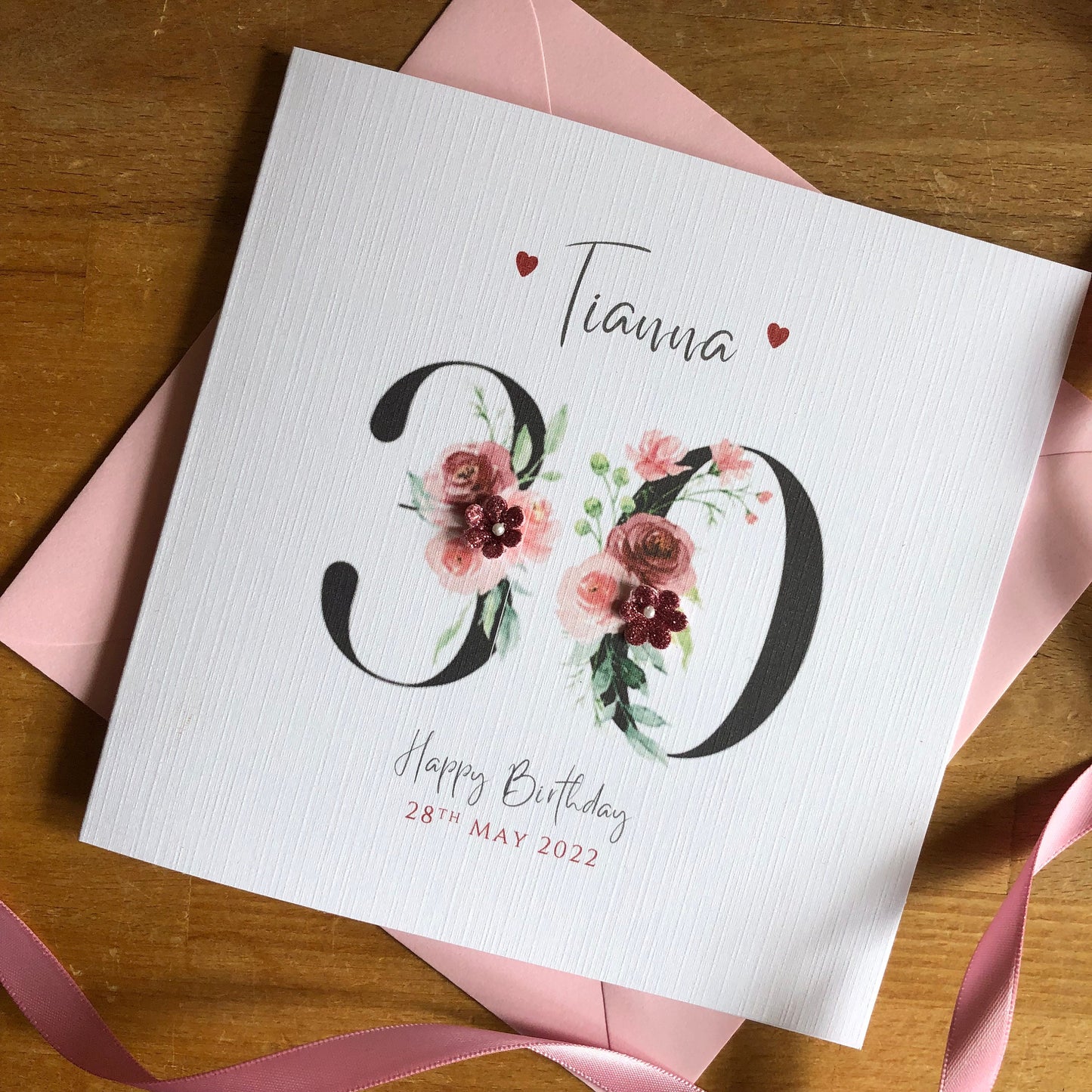 Personalised Birthday Card - Black & Dusky Pink Floral Numbers