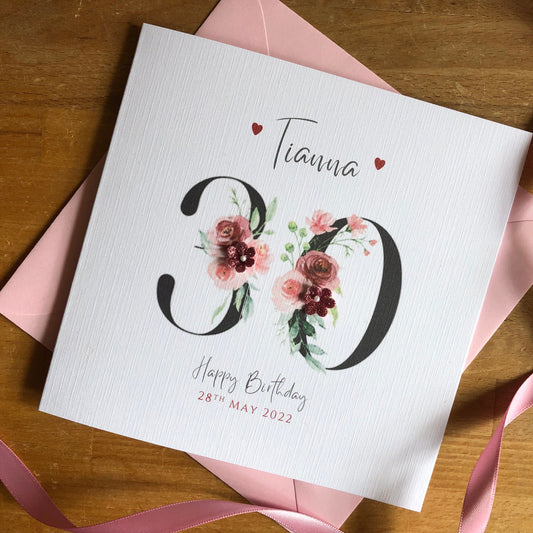 Personalised Birthday Card - Black & Dusky Pink Floral Numbers