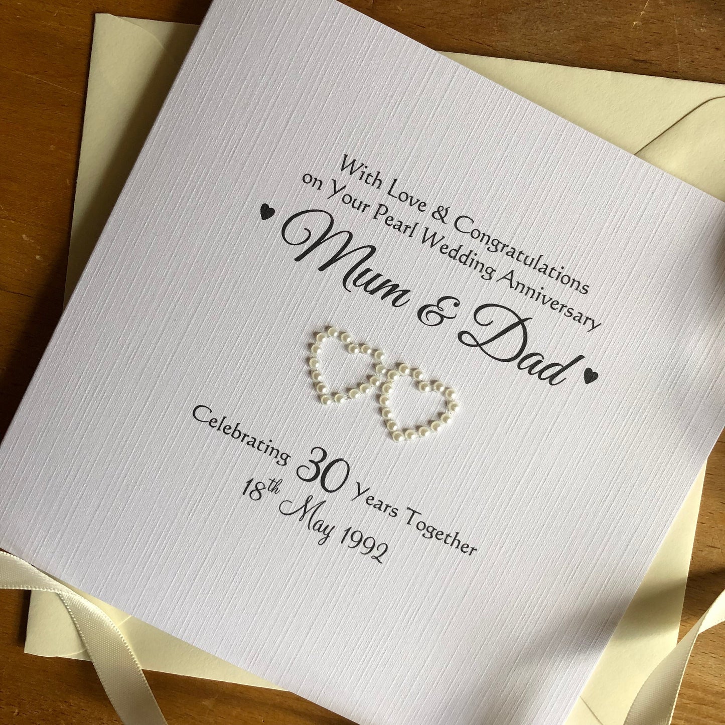 Pearl 30th Wedding Anniversary Card, Double Pearl Hearts - Personalised