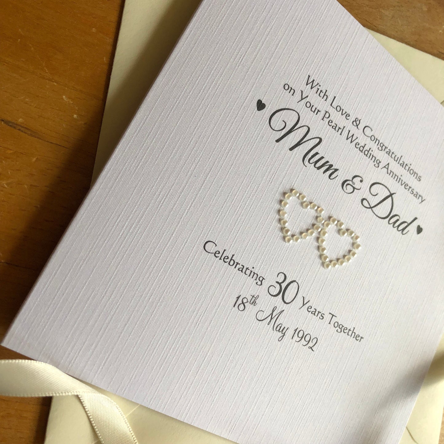 Pearl 30th Wedding Anniversary Card, Double Pearl Hearts - Personalised