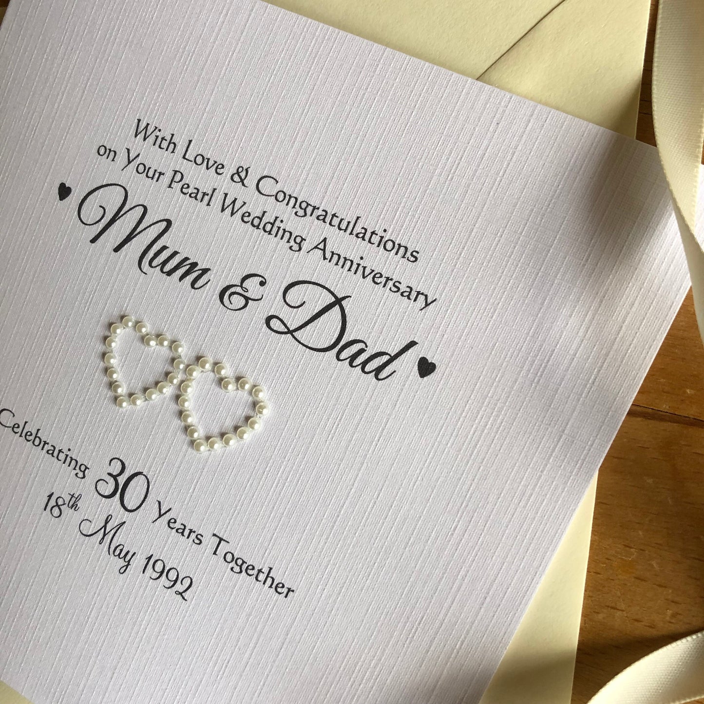 Pearl 30th Wedding Anniversary Card, Double Pearl Hearts - Personalised