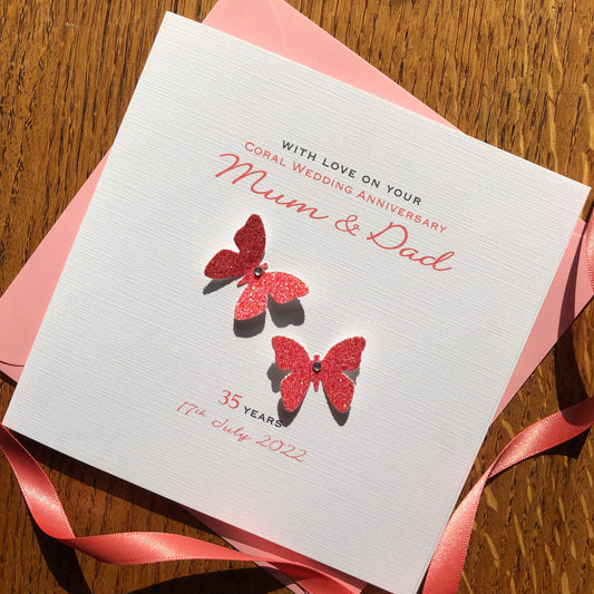 Coral 35th Wedding Anniversary Card, Coral Glitter Butterflies, Personalised