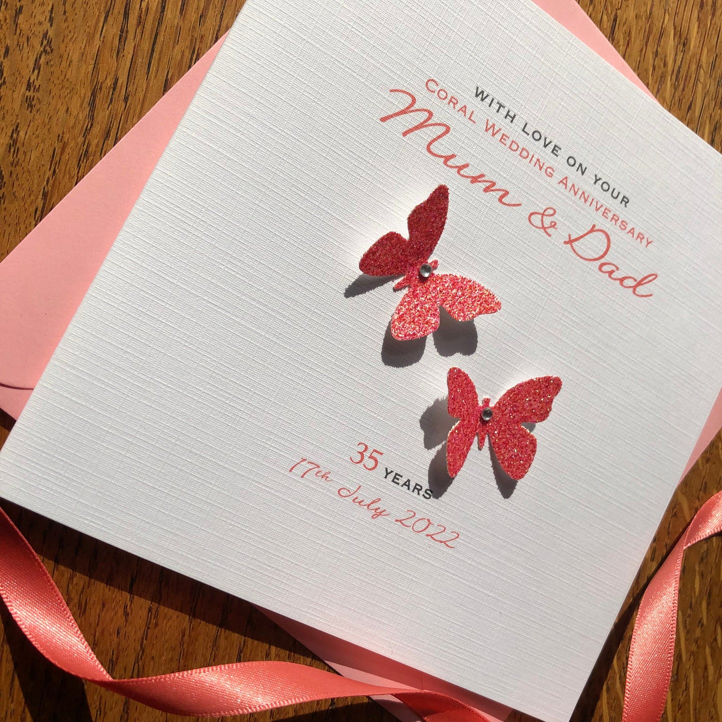 Coral 35th Wedding Anniversary Card, Coral Glitter Butterflies, Personalised