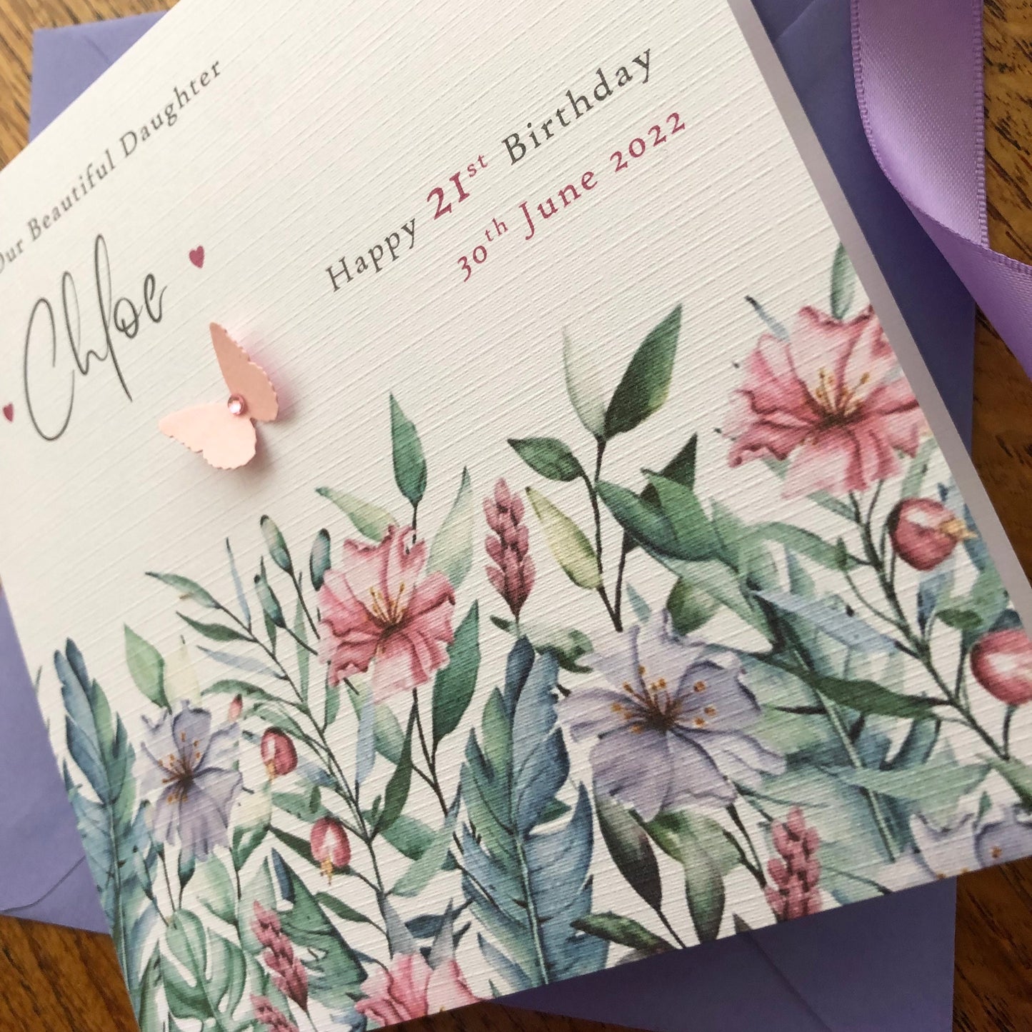 Personalised Birthday Card - Lilac Wild Flower Border & Butterfly