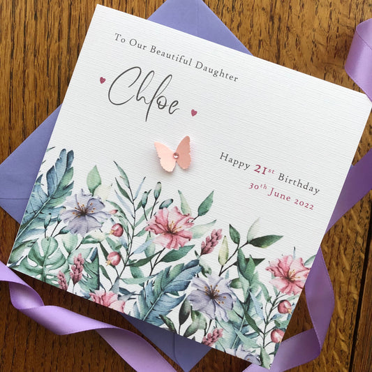 Personalised Birthday Card - Lilac Wild Flower Border & Butterfly