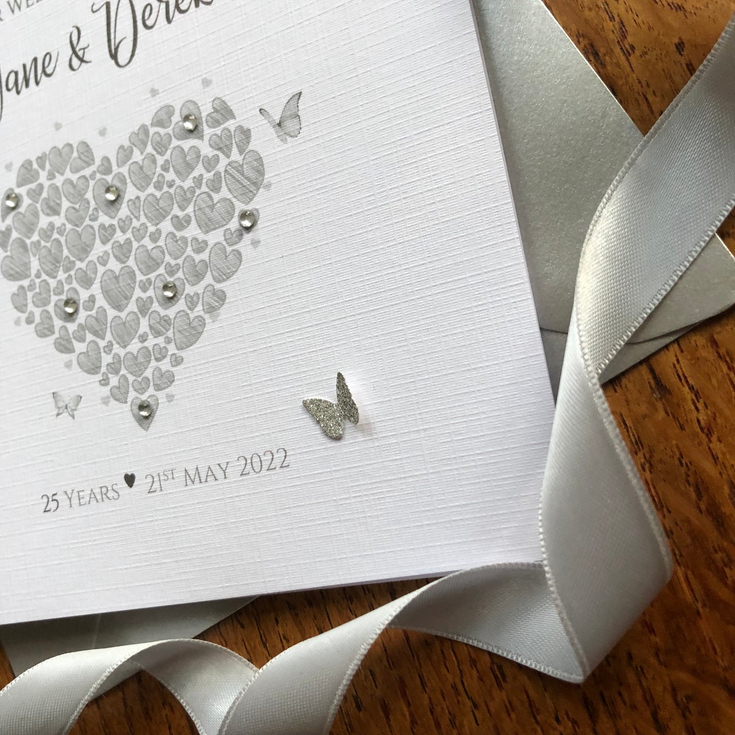 Silver 25th Wedding Anniversary Card - Heart of Hearts & Butterflies