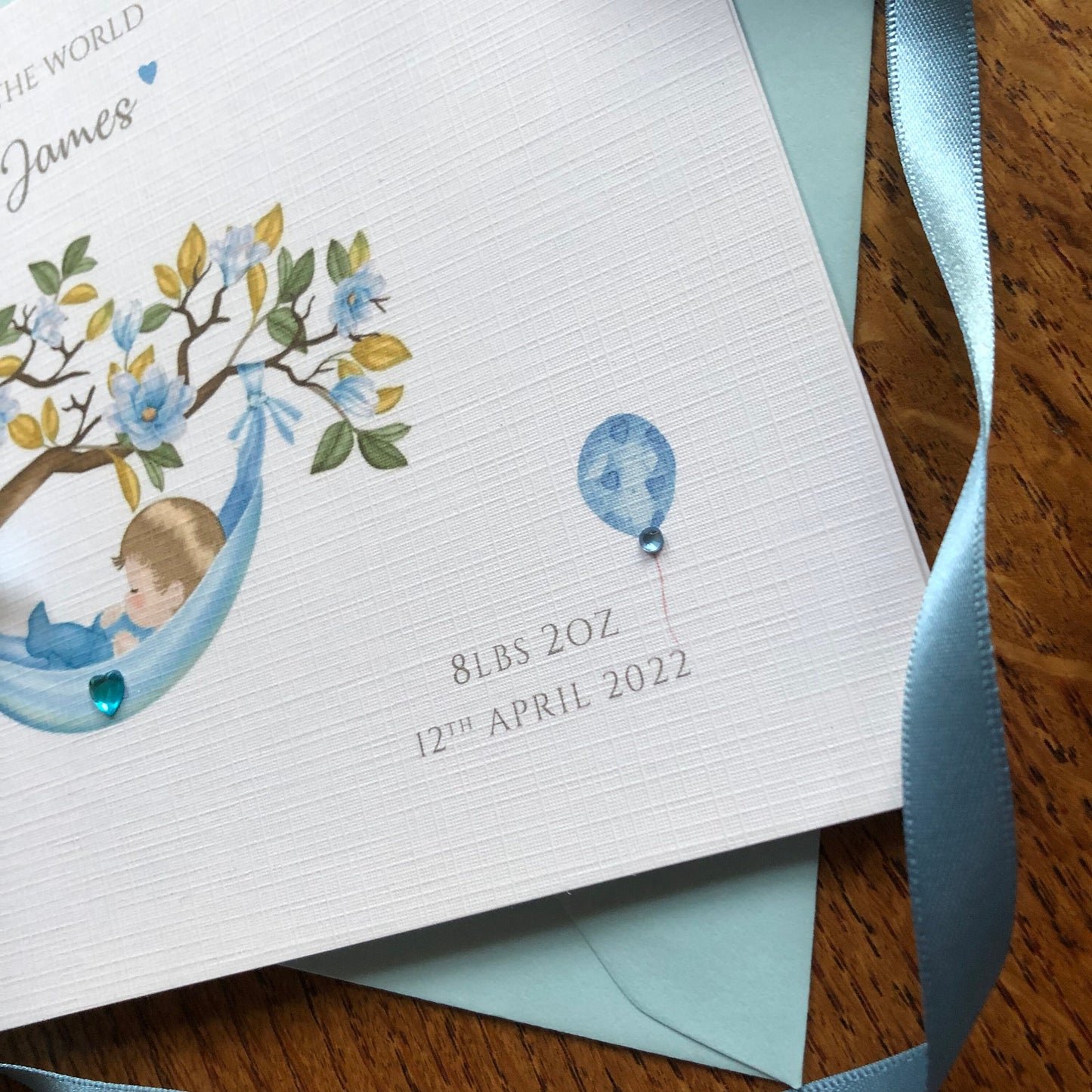 Personalised New Baby Boy Card - Blossom Tree Blue - New Baby Grandson, Nephew, Godson