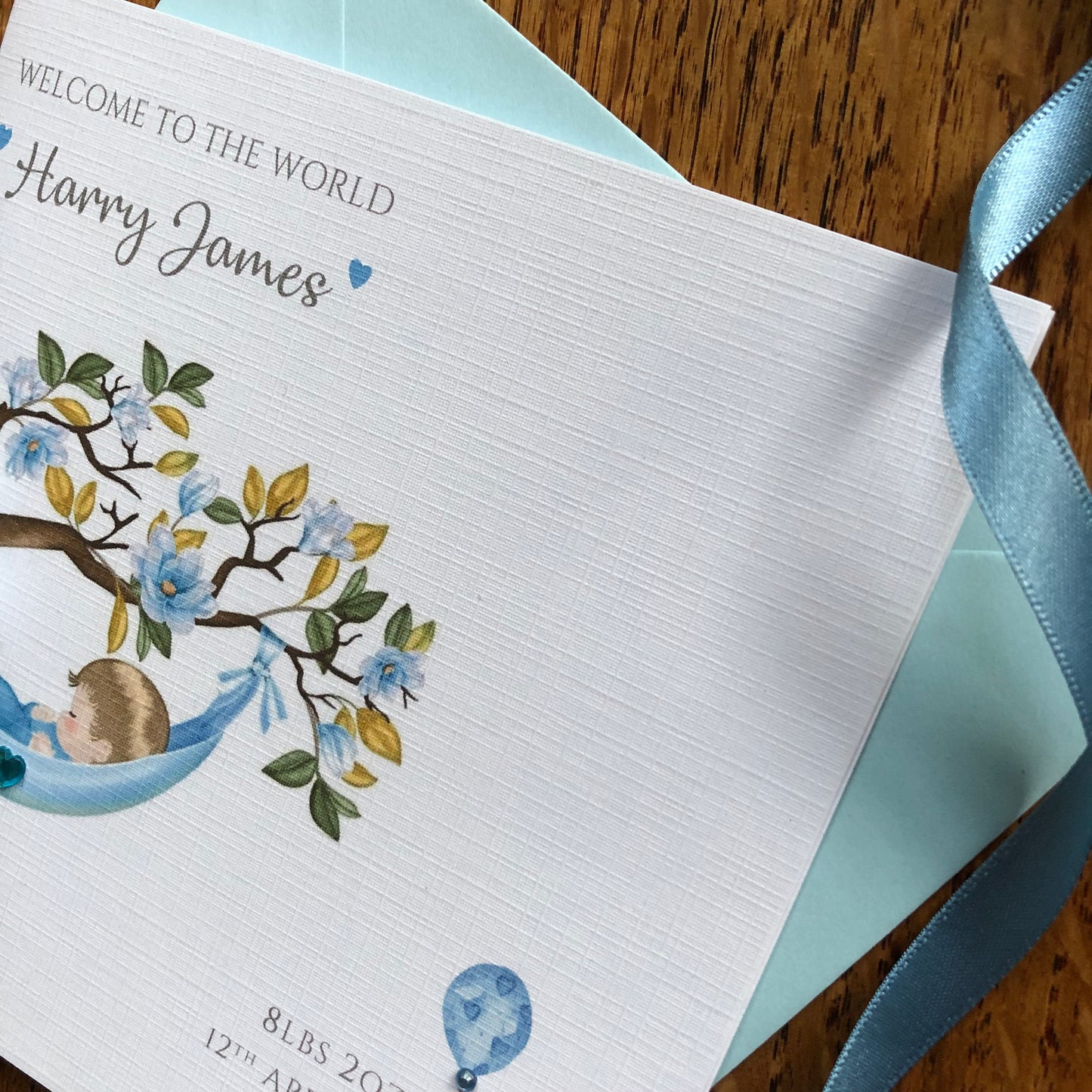 Personalised New Baby Boy Card - Blossom Tree Blue - New Baby Grandson, Nephew, Godson