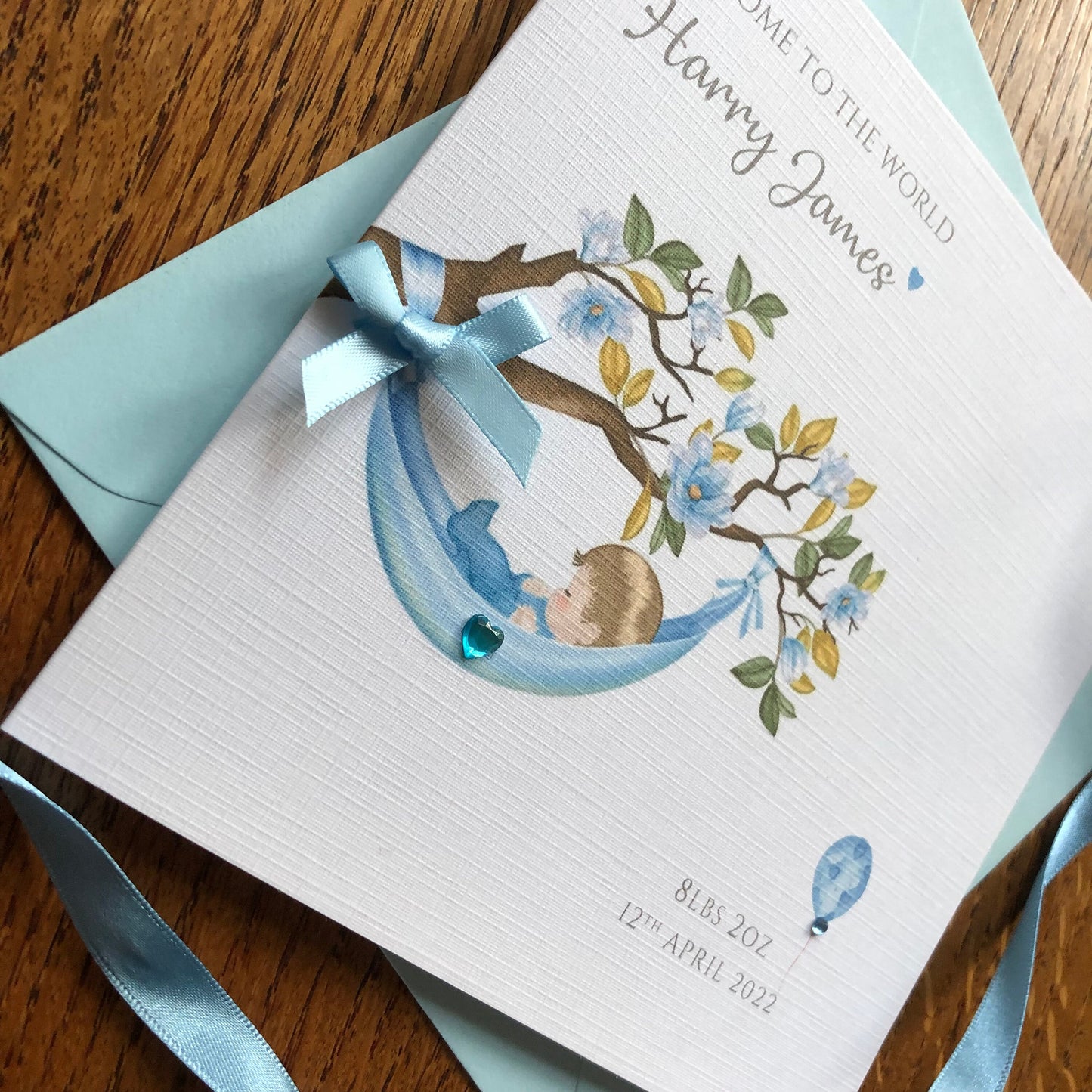 Personalised New Baby Boy Card - Blossom Tree Blue - New Baby Grandson, Nephew, Godson