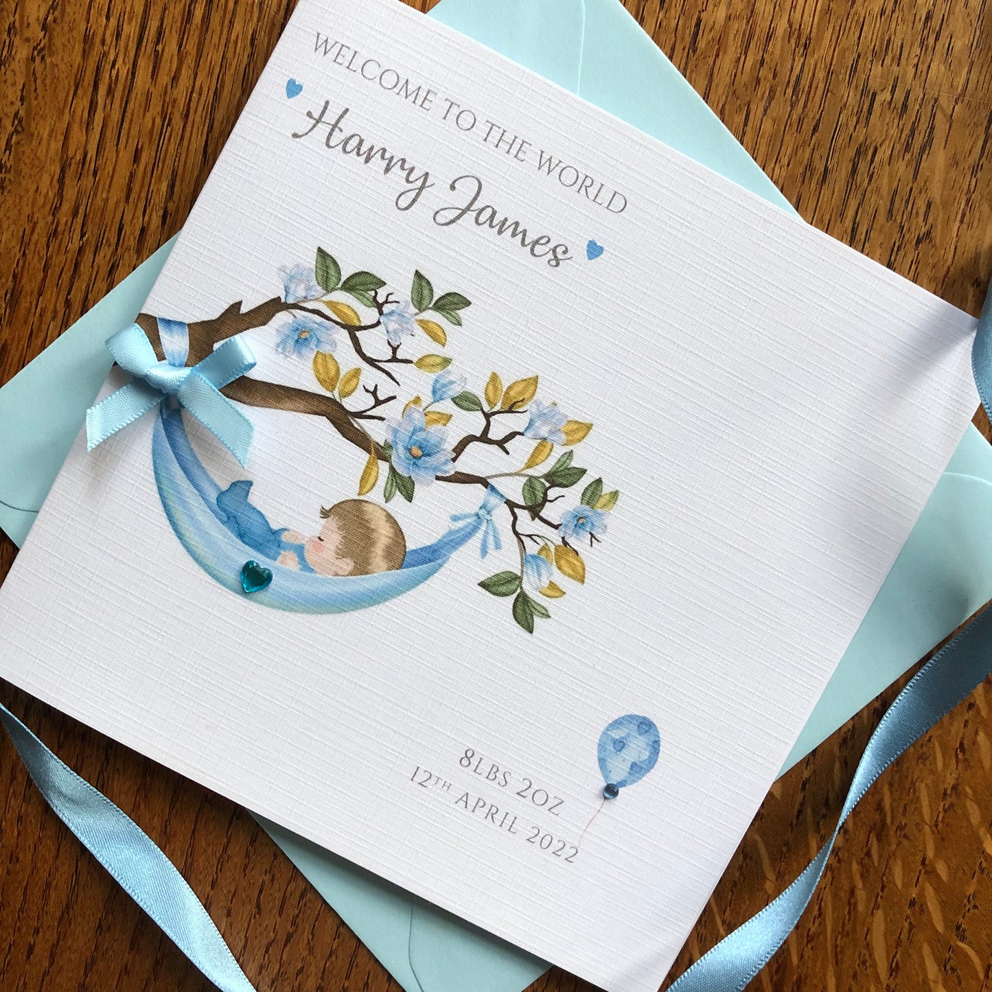 Personalised New Baby Boy Card - Blossom Tree Blue - New Baby Grandson, Nephew, Godson