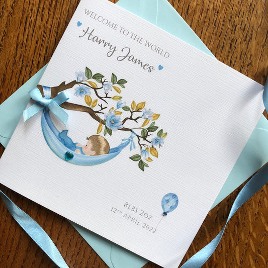 Personalised New Baby Boy Card - Blossom Tree Blue - New Baby Grandson, Nephew, Godson