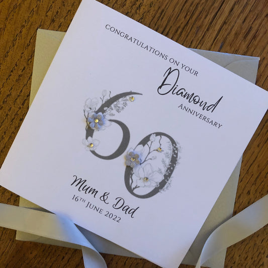 Diamond 60th or Platinum 70th Wedding Anniversary Card, Floral Numbers
