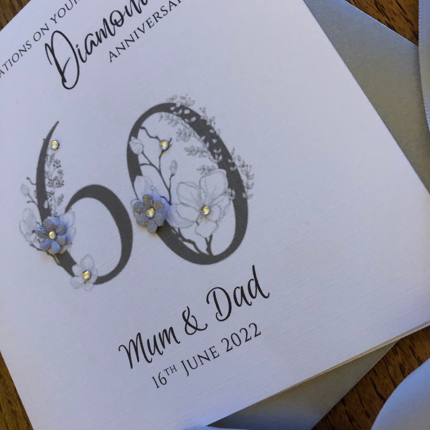 Diamond 60th or Platinum 70th Wedding Anniversary Card, Floral Numbers