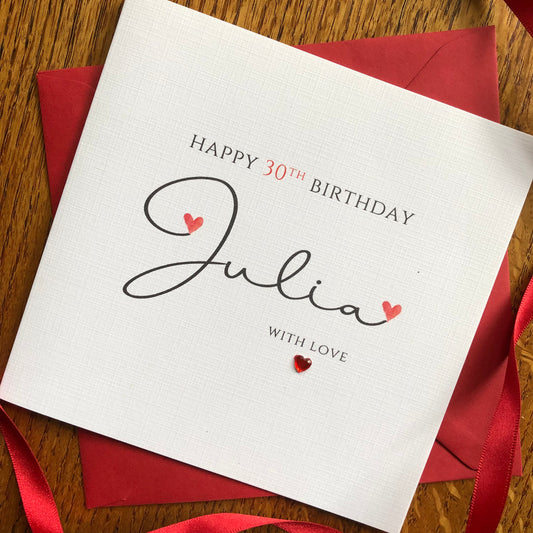 Personalised Birthday Card - Large Pink Heart Name with Crystal Heart