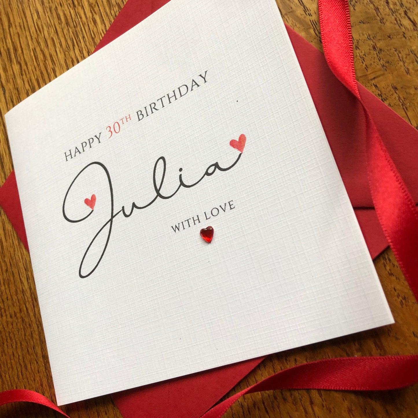 Personalised Birthday Card - Large Pink Heart Name with Crystal Heart